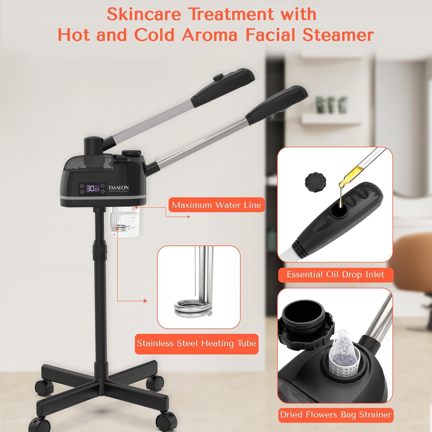 TASALON 2 in 1 Professional Facial Steamer on Wheels -with Ozone and Hot &amp; Cold Mist, Ionic Facial Steamer Kit for Facial Deep Cleaning and Moisturize, SPA &amp; Home, Ozone Face Humidifier - Black