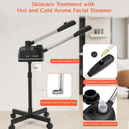 TASALON 2 in 1 Professional Facial Steamer on Wheels -with Ozone and Hot &amp; Cold Mist, Ionic Facial Steamer Kit for Facial Deep Cleaning and Moisturize, SPA &amp; Home, Ozone Face Humidifier - Black