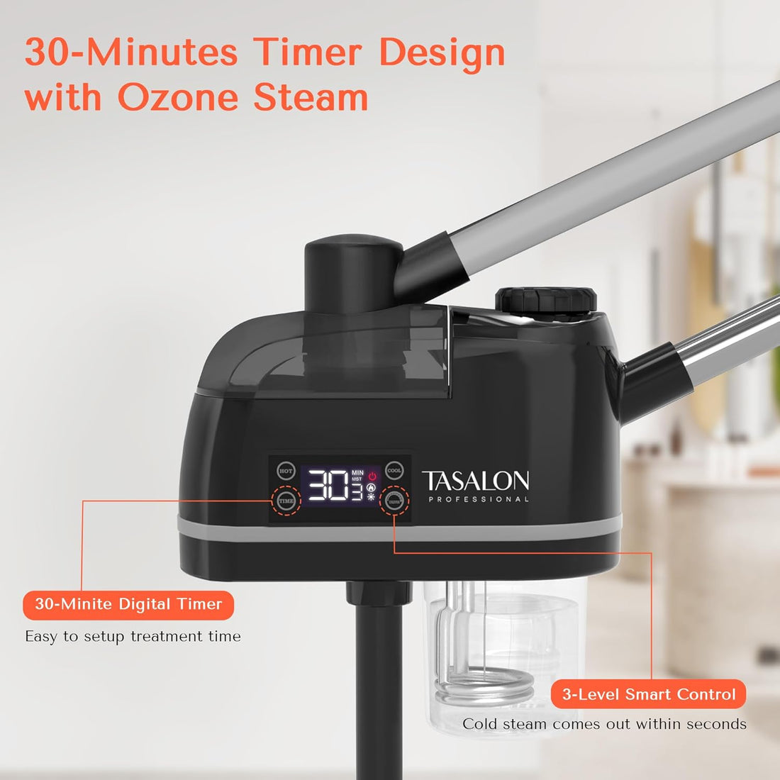 TASALON 2 in 1 Professional Facial Steamer on Wheels -with Ozone and Hot &amp; Cold Mist, Ionic Facial Steamer Kit for Facial Deep Cleaning and Moisturize, SPA &amp; Home, Ozone Face Humidifier - Black