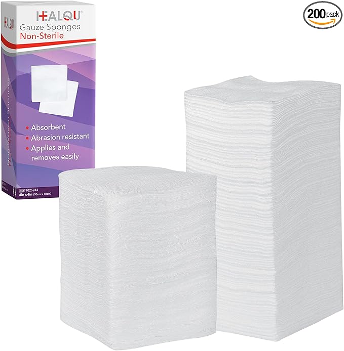HEALQU Gauze Pads 4"x4" - 200-Pack, 4-Ply Non-Woven Sponges Non-Sterile, All-Purpose Dental and Surgical Sponges Including First Aid Kits and Medical Facilities