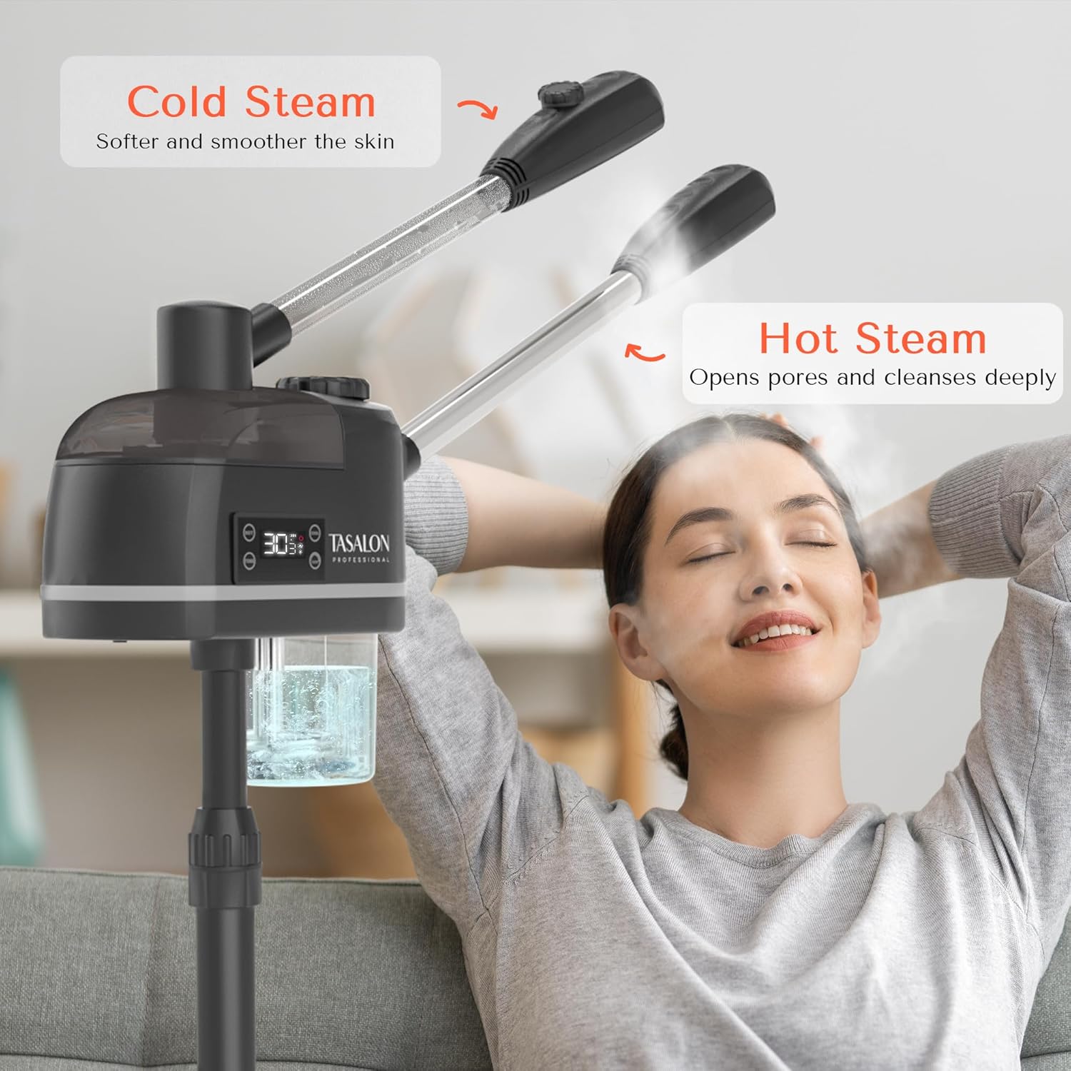 TASALON 2 in 1 Professional Facial Steamer on Wheels -with Ozone and Hot &amp; Cold Mist, Ionic Facial Steamer Kit for Facial Deep Cleaning and Moisturize, SPA &amp; Home, Ozone Face Humidifier - Black